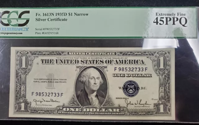 1935-D $1 Narrow Silver Certificate Fr. 1613N PCGS 45 PPQ Extremely Fine