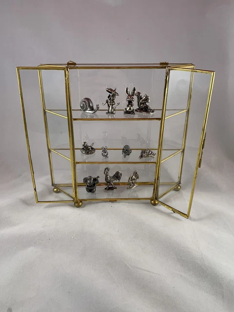 Lot of 11 Pewter figurine Miniatures W/Vintage Brass Glass Display Case MCM