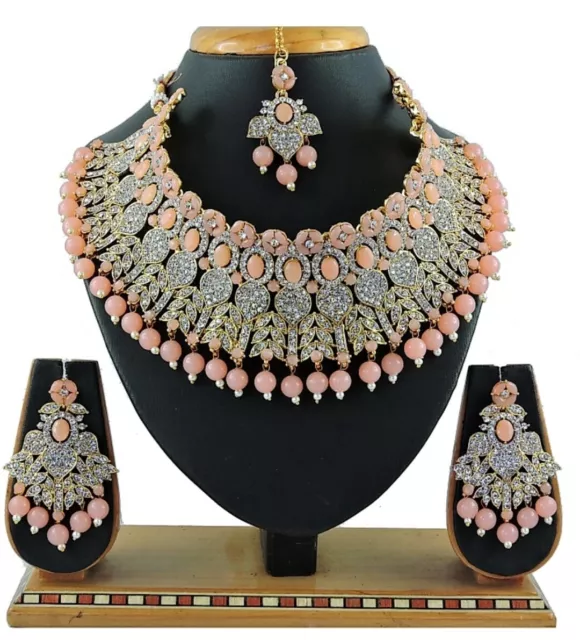 Peach Indian Bollywood Fashion Bridal Wear Jewelry Ethnic Necklace Gold Plated