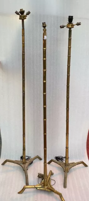1970′ Paire De Lampadaires + 1 En Bronze Doré Maison Baguès Modèle Bambou H 156