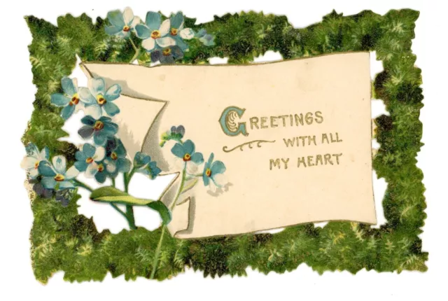 Antique Victorian Die Cut & Embossed greetings card Greetings With All My Heart