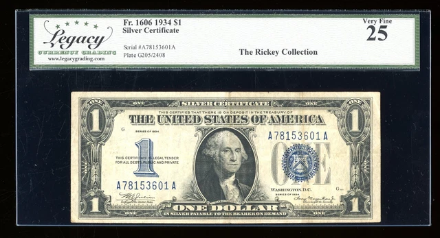 DBR 1934 $1 Silver Funnyback Fr. 1606 AA Block Legacy 25 Serial A78153601A