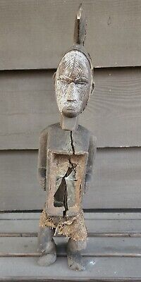 Vintage Hand Carved Wood Glass African Tribal Art Power Figure Fetish Sculpture