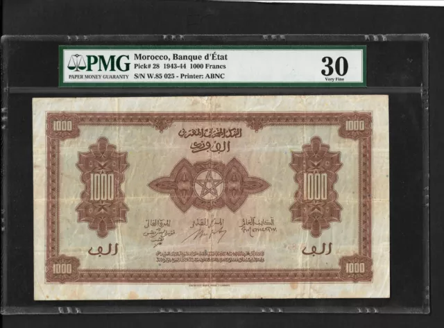 Morocco p-28, VF, 1000 Francs, 1943 - 1944, PMG Graded 30