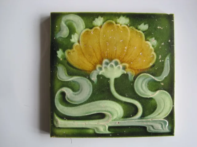 ANTIQUE 6" ART NOUVEAU MAJOLICA EMBOSSED TILE - H. RICHARDS - RD. 404327 c1904