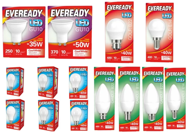 Eveready LED GLS Candle Golf GU10 Bulb B22 E27 E14 B15 Cool White Light