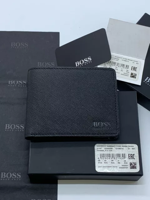 New Hugo Boss Mens Blacl Leather Timeless 4Cc Wallet With Coin Pocket