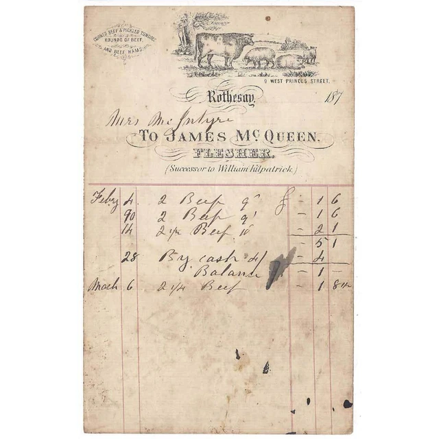 c1870s Billhead, James McQueen, Flesher (Butcher) ROTHESAY
