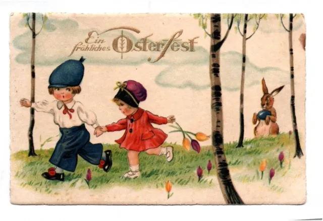 Ak Niños Fliehen antes De Conejo de Pascua 1932 Feliz Pascua