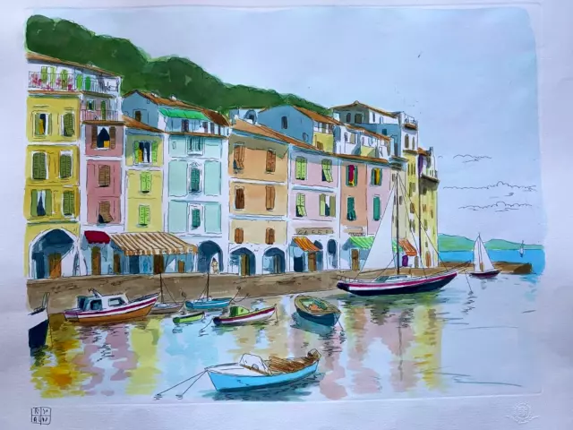 Aldo Riso ''Portofino'' Grabado Pintada a Mano 60x100 Autenticata