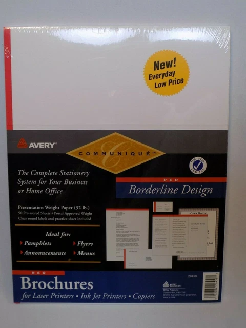Avery NEW 50 Pre-scored Sheets Red Borderline Design Brochures 26458 Communique