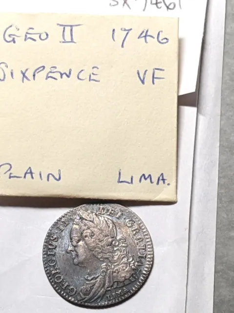1746 George II LIMA Sixpence 6d Silver Coin Plain Type in VF SX7461