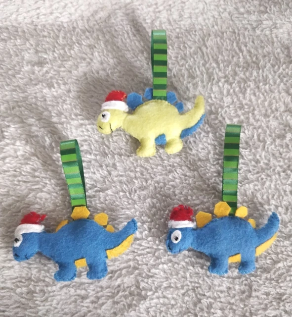 Set di 3 decorazioni/regali unici fatti a mano per albero di Natale in feltro dinosauro