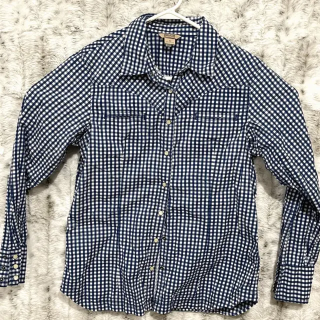 Duluth Trading Pearl Snap Long Sleeve Blue Checkered Cotton Womens Medium