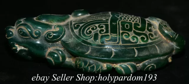 6.2" Old Chinese Green Jade Carved Fengshui God Beast Dragon Turtle Statue T