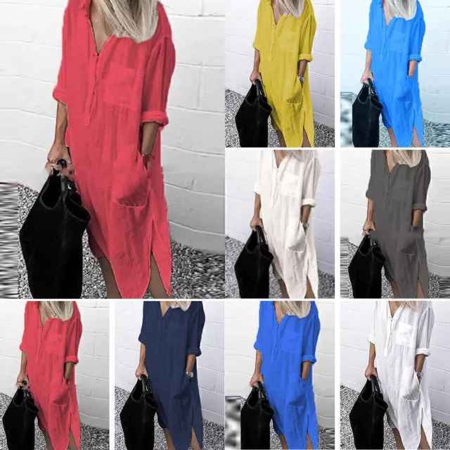 PLUS WOMENS COTTON Linen Maxi Shirt Dress Kaftan Solid Casual Long Tops ...