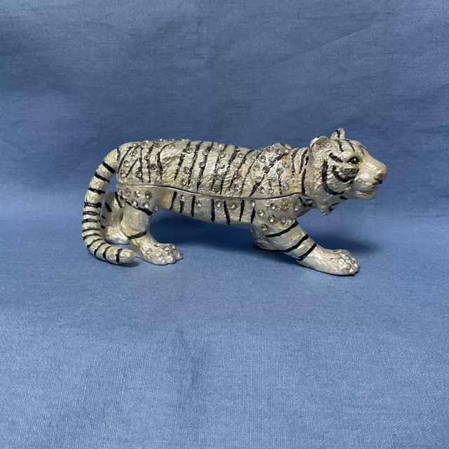 Bejeweled White Tiger Hinged Metal Enameled Rhinestone Trinket Box. (S942)