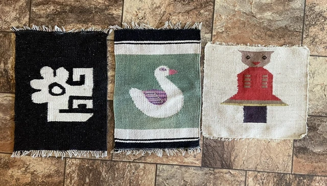 Vintage Three Primitive Woven Wool Tapestry Samplers Women Bird Folk Art MCM