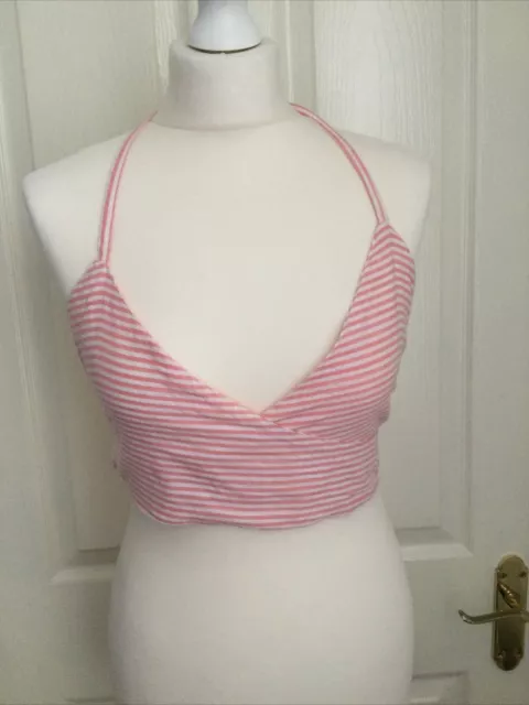 ASOS Pink And White Striped Cotton Cropped Wrap Top Size 10