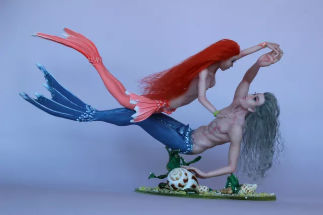 Dance, OOAK dolls mermaid and merman, polymer clay sculptures by Diana Genova