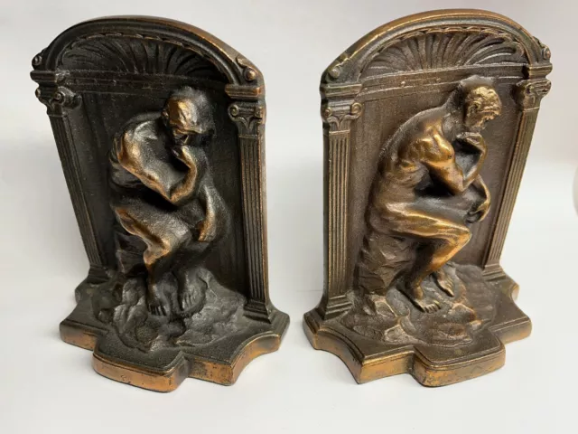 Vtg Cast Metal Bronze Book ends Rodin’s “The Thinker” Art Deco ***READ