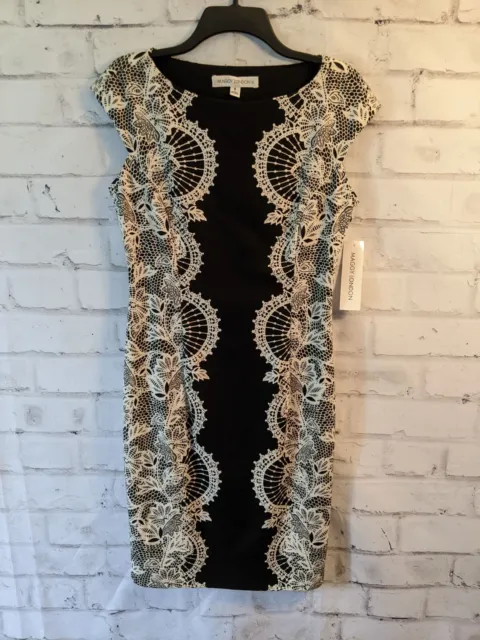 NWT MAGGY LONDON Sz 8 Black & White Lace Print Sheath Dress Slimming Sleeveless
