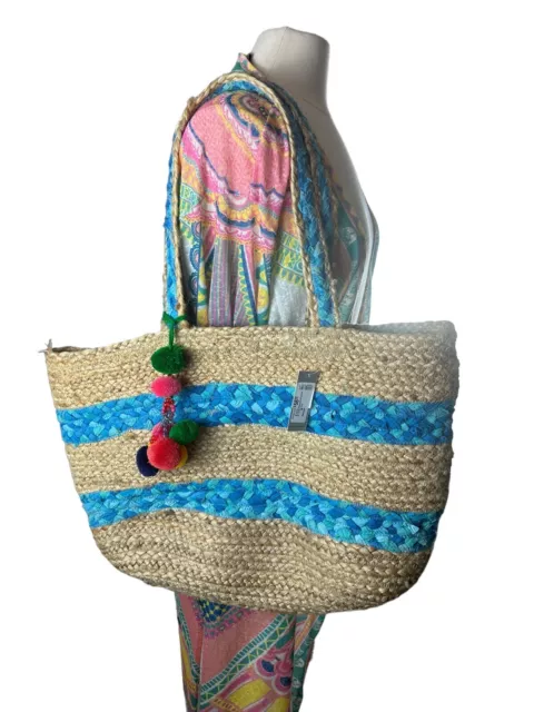 Natural and Cotton Blue Woven Beach Tote pom poms