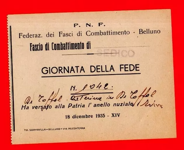 Ricevuta Oro Alla Patria Pnf Fascio Combattimento Sedico Belluno Sanzioni 1935