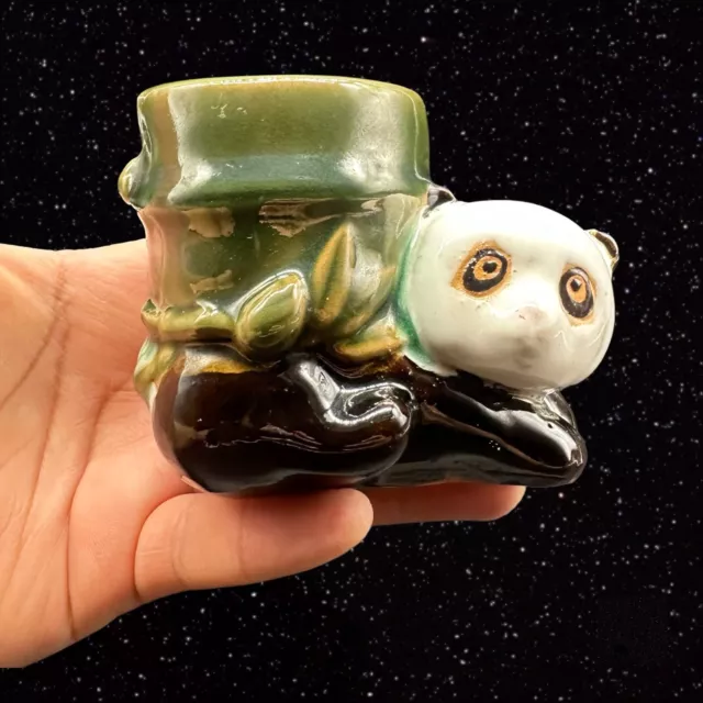 Vintage Majolica Ceramic Panda Planter Vase Figurine Marked On Bottom 3”T 2.5”W