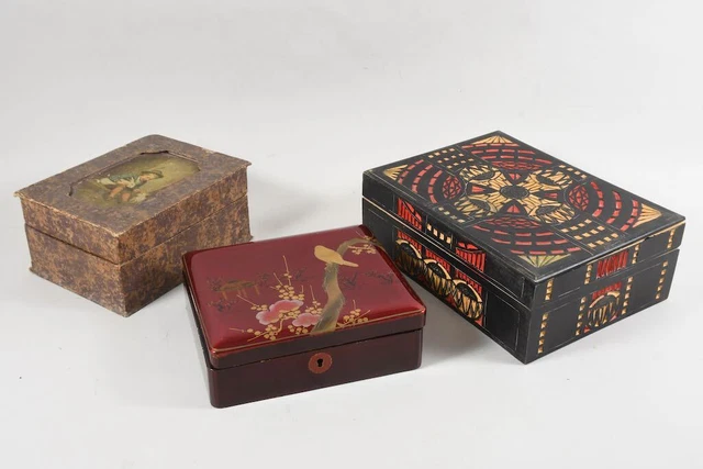 J36P92- 3-tlg. Konvolut Schatullen ua China Lackdose, Holz