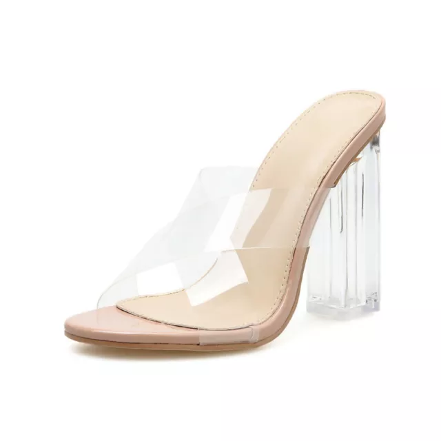 Women Transparent Clear Block Heels PVC Open Toe Cross Strap Slip On Mules Shoes