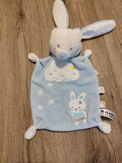 Doudou plat Ours blanc et bleu lapin brodé nuage étoiles Max & Sax Carrefour