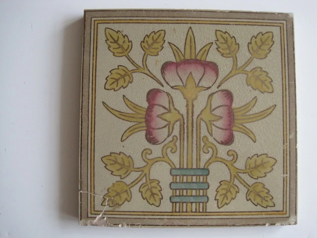 Antique Victorian Mintons 6" Print & Tint Aesthetic Floral Design Tile C1887