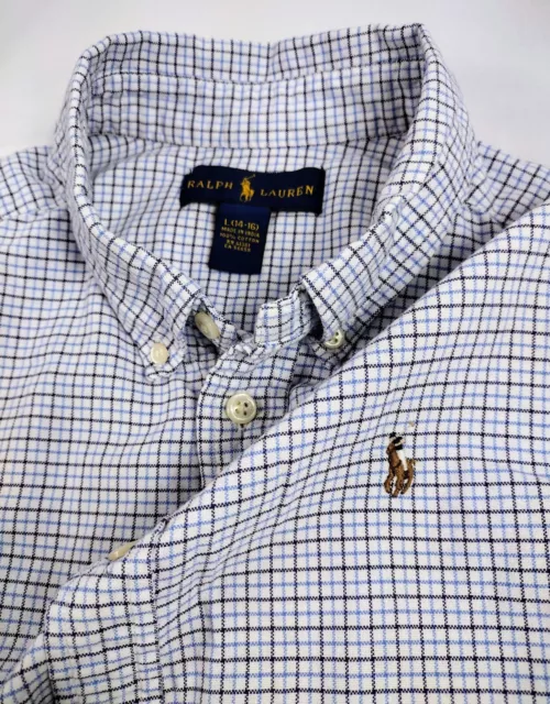 Ralph Lauren Shirt Boys L 14-16 Blue White Check Polo Pony Button Up Long Sleeve