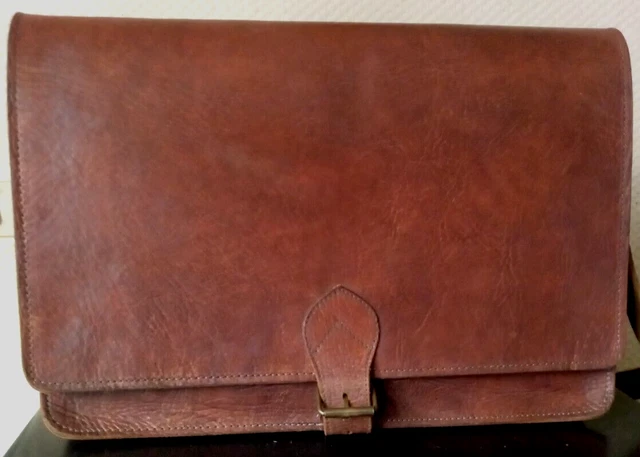 Vintage, Ancien Cartable, Sacoche en cuir épais marron foncé TBE