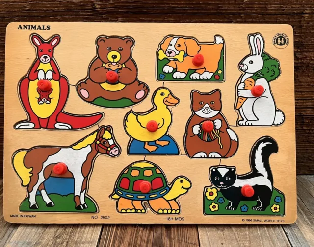 Wooden Peg Puzzle Small World Toys 1996 Painted Animals 9 Pieces 11 X 8”