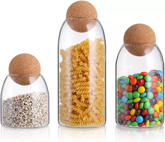 3pc Glass Jar with Airtight Cork Lid Ball Clear Candy Jar Food Storage Canister