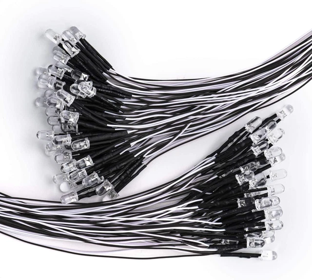 100Pcs 5MM Pre Wired 12V Daylight White LED Diodes, 9.4 Inch/24Cm Ultra Bright L