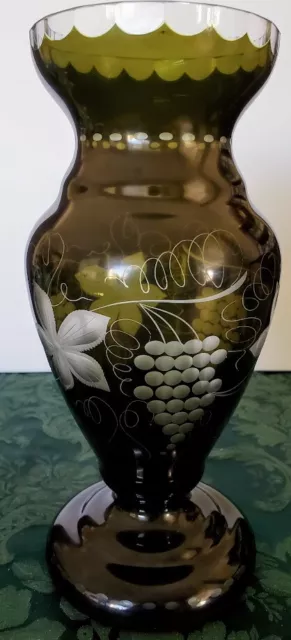 Egermann 1900's Rare Unique Beauty Dark Green Grape Ivy Etched Vase 3