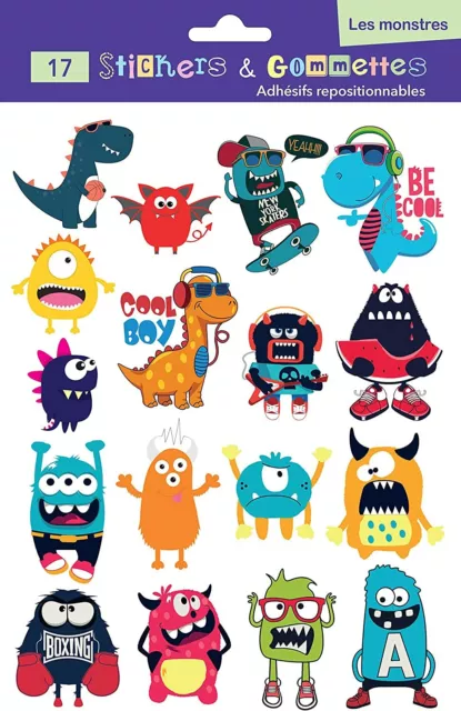 17 Gommettes adhésives et repositionnables les monstres stickers autocollants