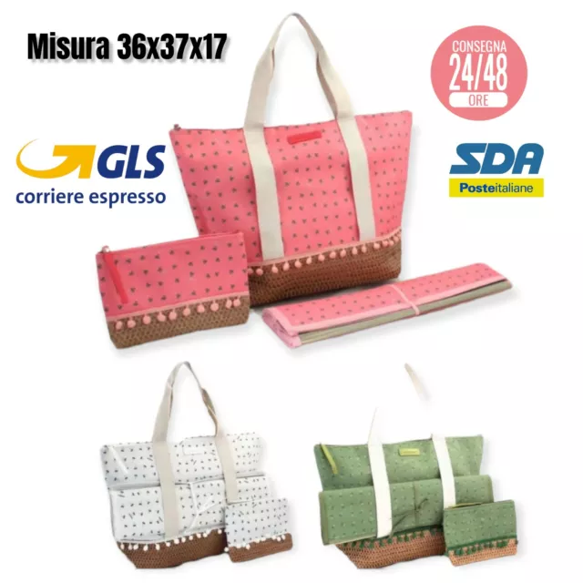 Borsa Mare Spiaggia Paglia Estate Fantasia Naj Oleari 3 Pezzi Pochette Stuoia