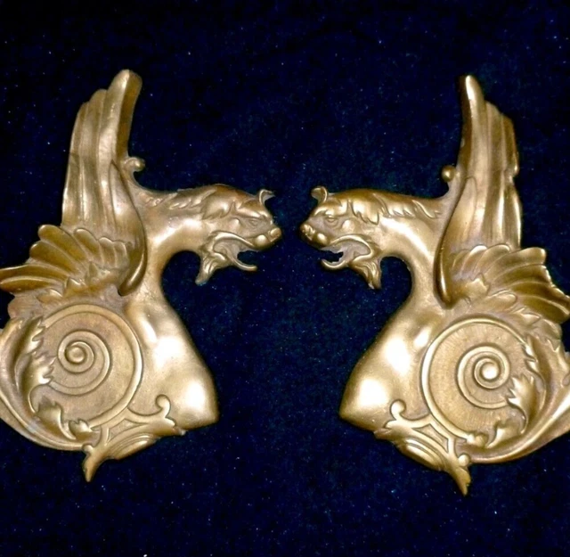 Rare Pair Of French Bronze/Brass Decors Mounts Pediments Winged Dragons Chimeras