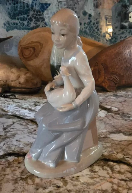 Lladro Spanish Porcelain - Girl with Goose Figure 8" inches 1970s