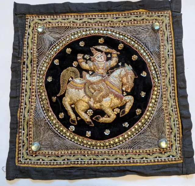 Old Thai Burmese Kalaga Goddess Horse Embroidered Rock Crystals Sequins Tapestry