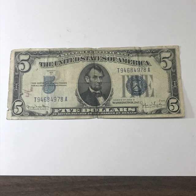 1934A $5 Dollar Bill Silver Certificate Blue Seal Note - Very Old