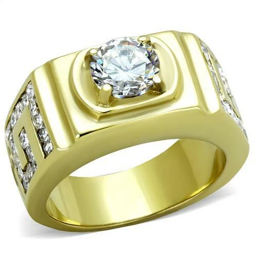 Mens gold ring solitaire signet cz greek key cubic zirconia AAAA grade