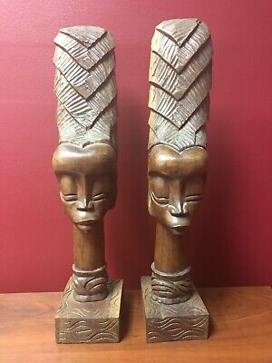 ANTIQUE / VTG African  Wood Sculpture BUST Head Hand Carved Statue Set Of 2