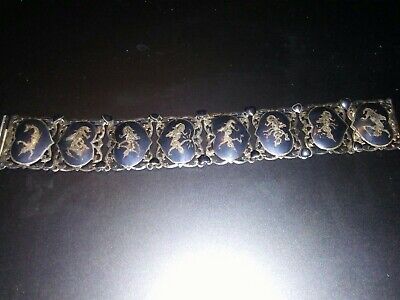 Old Siam Thai Vintage Beautiful Panel Link Goddess Sterling Silver Bracelet