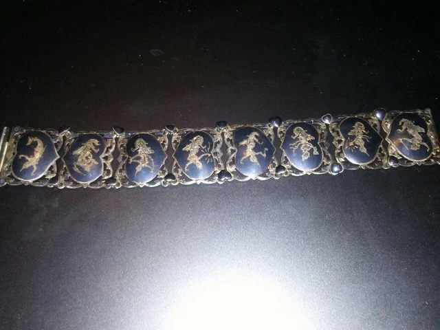 Old Siam Thai Vintage Beautiful Panel Link Goddess Sterling Silver Bracelet