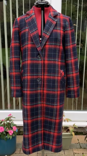 PRIMARK RED Navy Blue Check Tartan Smart Formal Long Coat Uk Size 10 VGC 15.00 PicClick UK